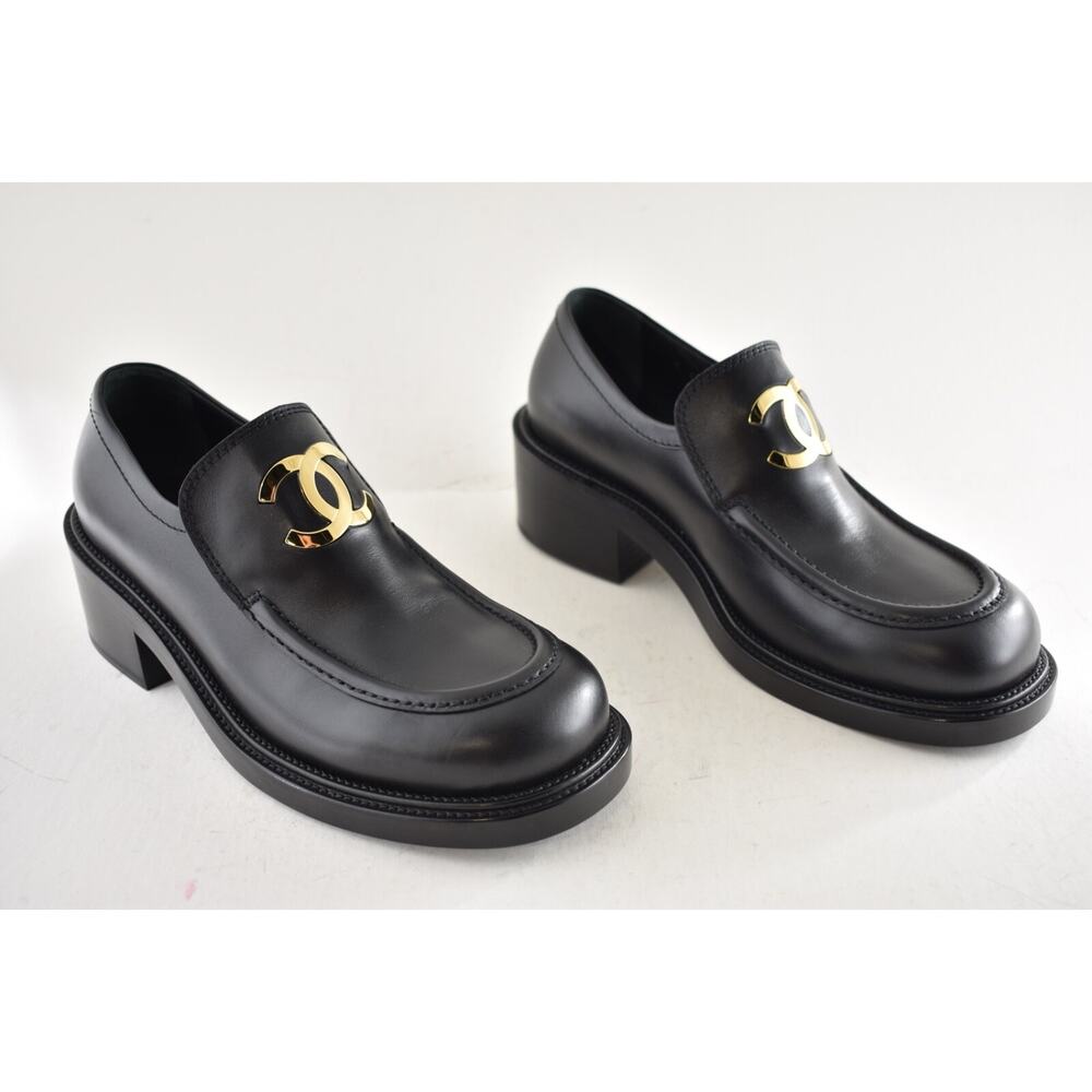 Chanel 55mm Black Calfskin Leather CC Gold Logo Block Heel Platform Loafer 39 - Picture 6 of 16